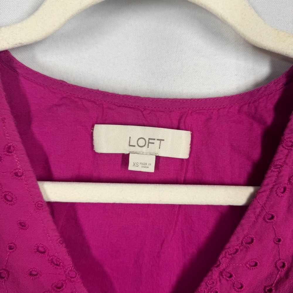LOFT | Eyelet Flutter Sleeve Dress Magenta Pink Purple Mini Women's Size XS - Picture 7 of 11